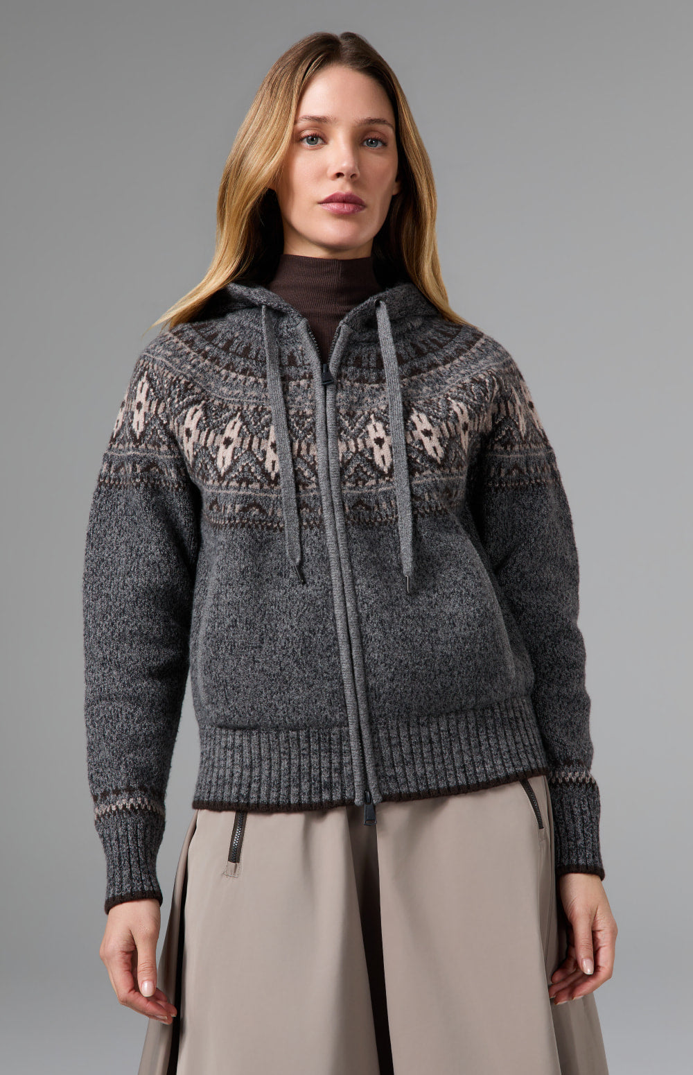 Alp N Rock Alexandra Fair Isle Zip Sweater, heather grey hooded zip sweater for women