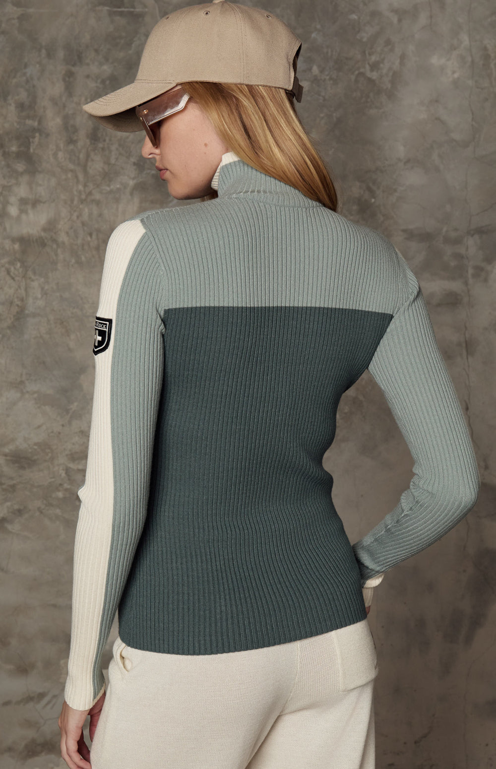 Alp N Rock Ali 1/2 Zip Ski Sweater, green stripe ribbed knit ski sweater with half zip for women