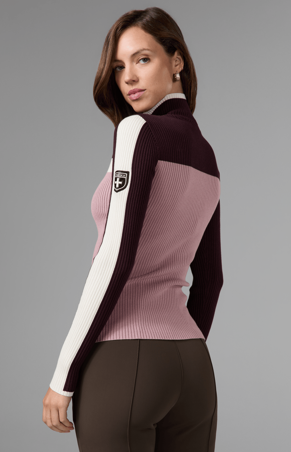 Alp N Rock Ali 1/2 Zip Ski Sweater, pink and dark red half zip fitted ski sweater for women