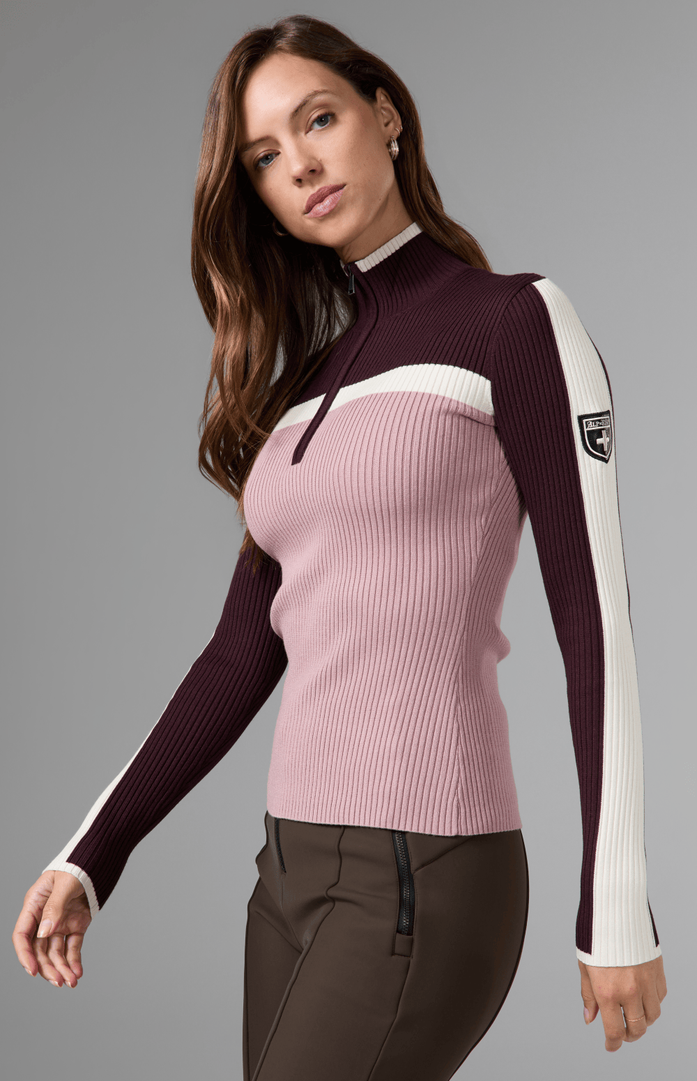 Alp N Rock Ali 1/2 Zip Ski Sweater, pink and dark red half zip fitted ski sweater for women