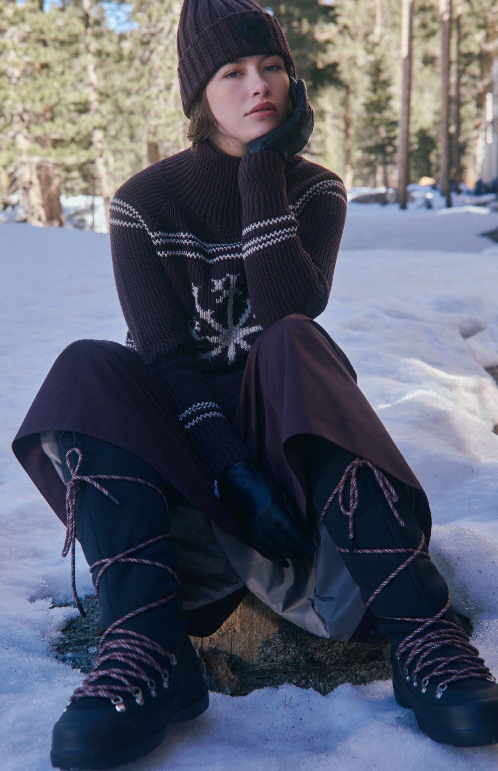 Alp N Rock Alora Sweater, dark red ski sweater for women with mock neck and snowflake pattern on the front