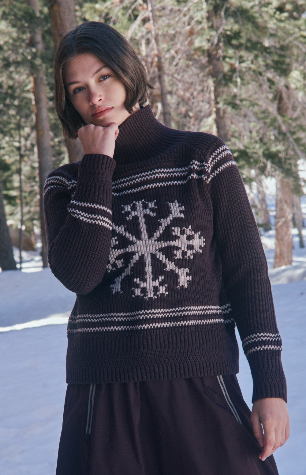 Alp N Rock Alora Sweater, dark red ski sweater for women with mock neck and snowflake pattern on the front
