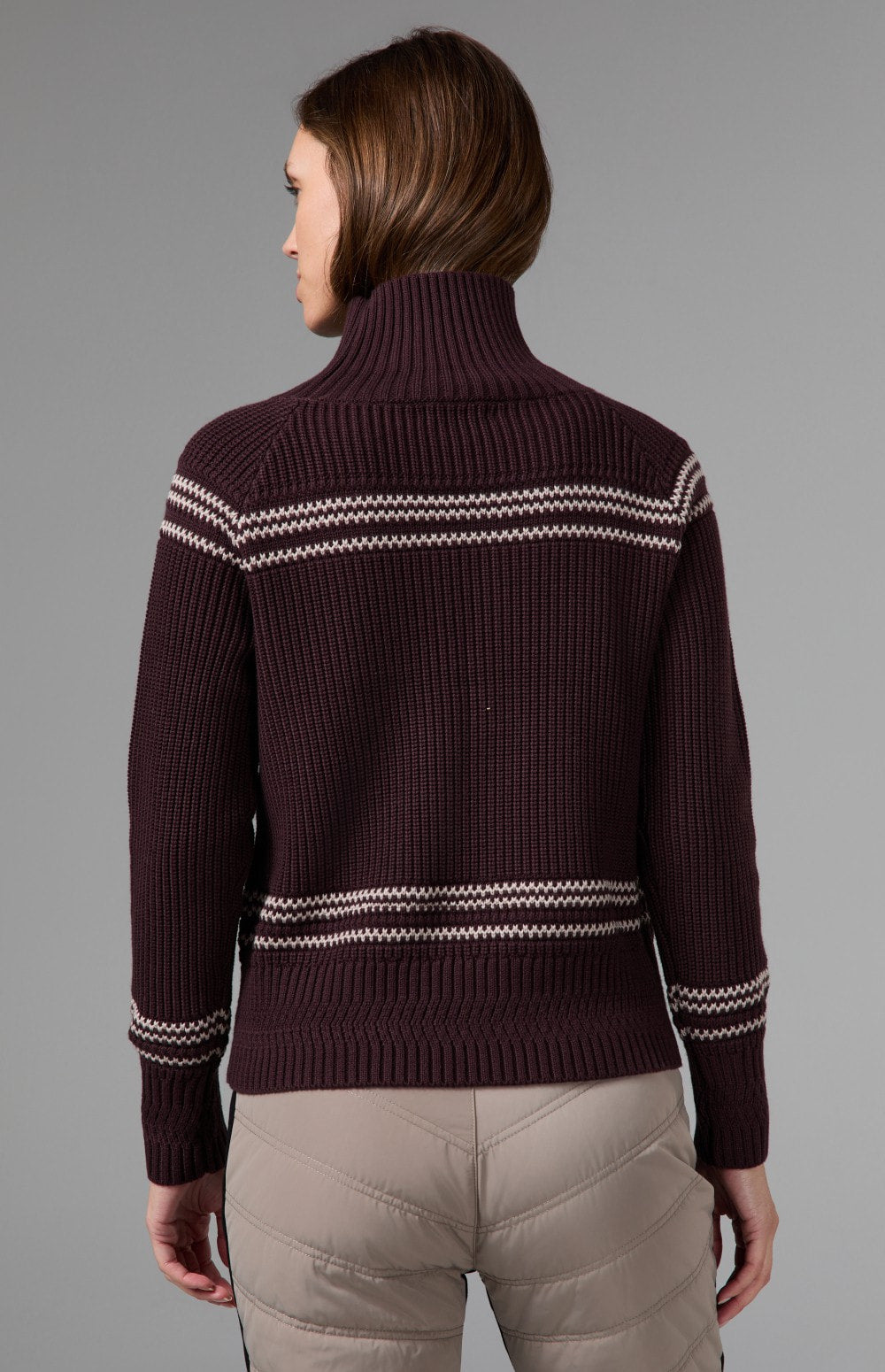 Alp N Rock Alora Sweater, dark red ski sweater for women with mock neck and snowflake pattern on the front