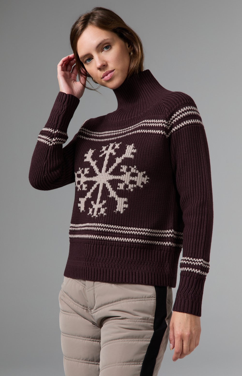 Alp N Rock Alora Sweater, dark red ski sweater for women with mock neck and snowflake pattern on the front