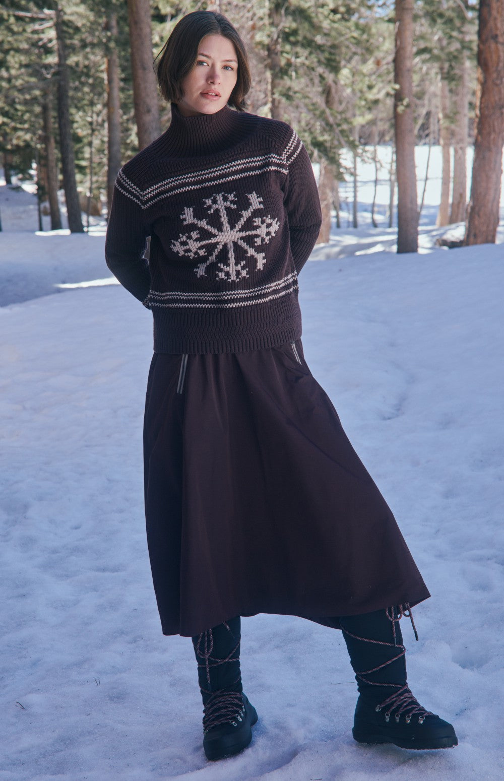 Alp N Rock Alora Sweater, dark red ski sweater for women with mock neck and snowflake pattern on the front