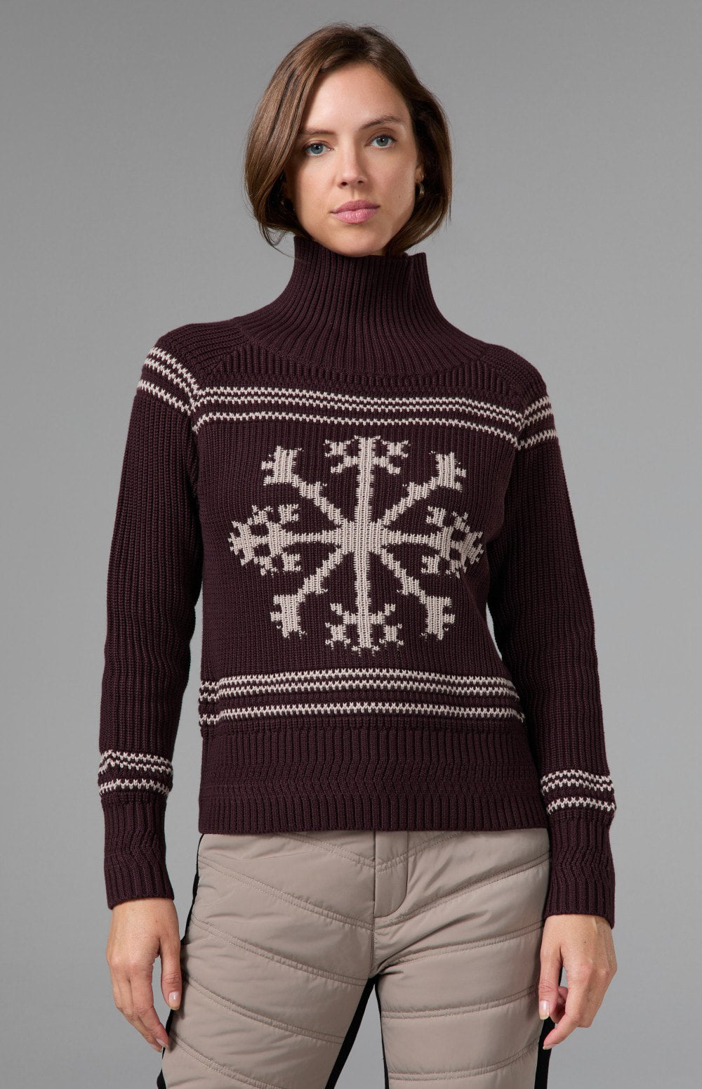 Alp N Rock Alora Sweater, dark red ski sweater for women with mock neck and snowflake pattern on the front