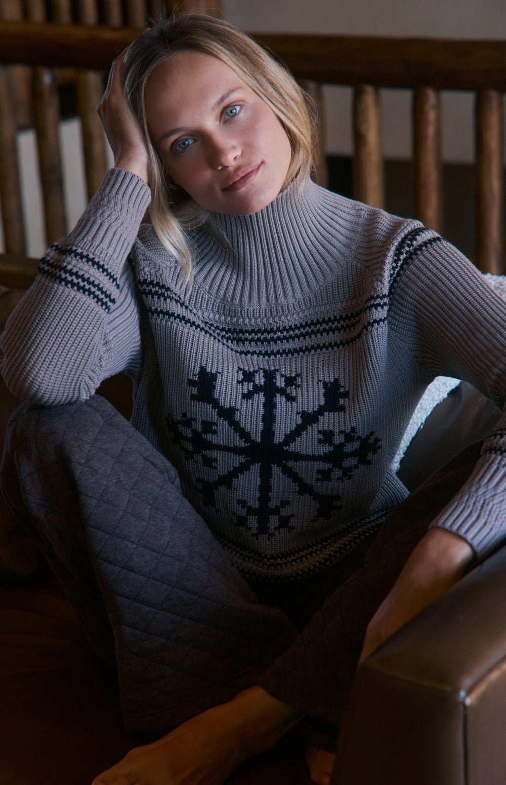 Alp N Rock Alora Sweater, taupe ski sweater for women with mock neck and snowflake pattern on the front