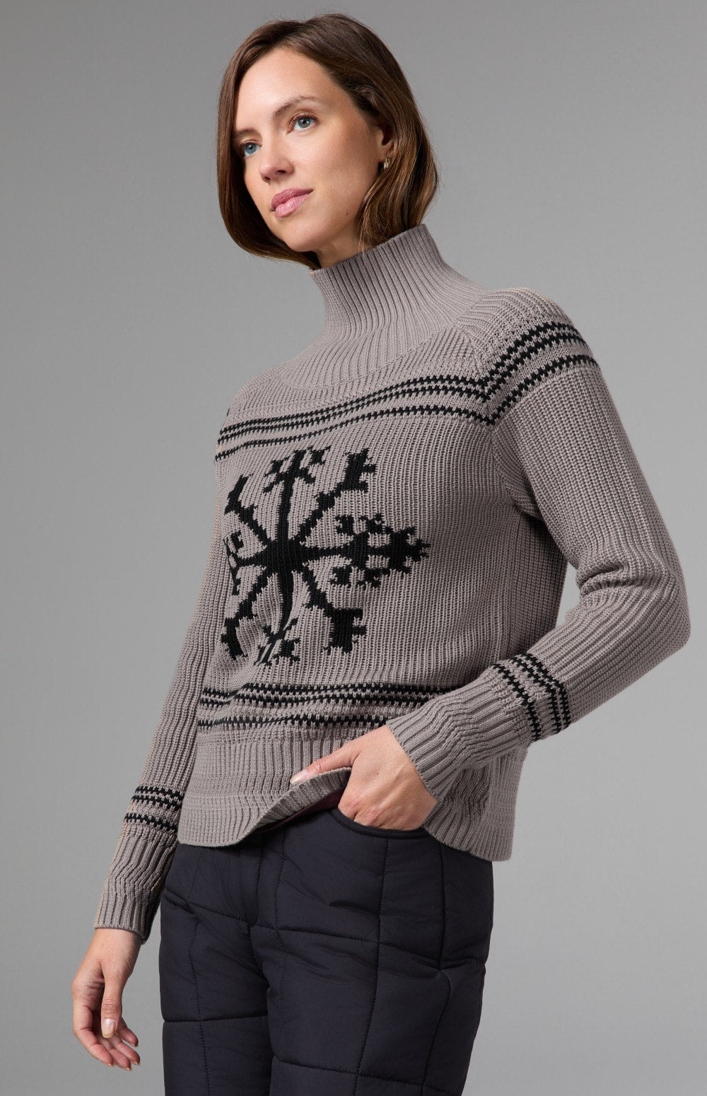 Alp N Rock Alora Sweater, taupe ski sweater for women with mock neck and snowflake pattern on the front