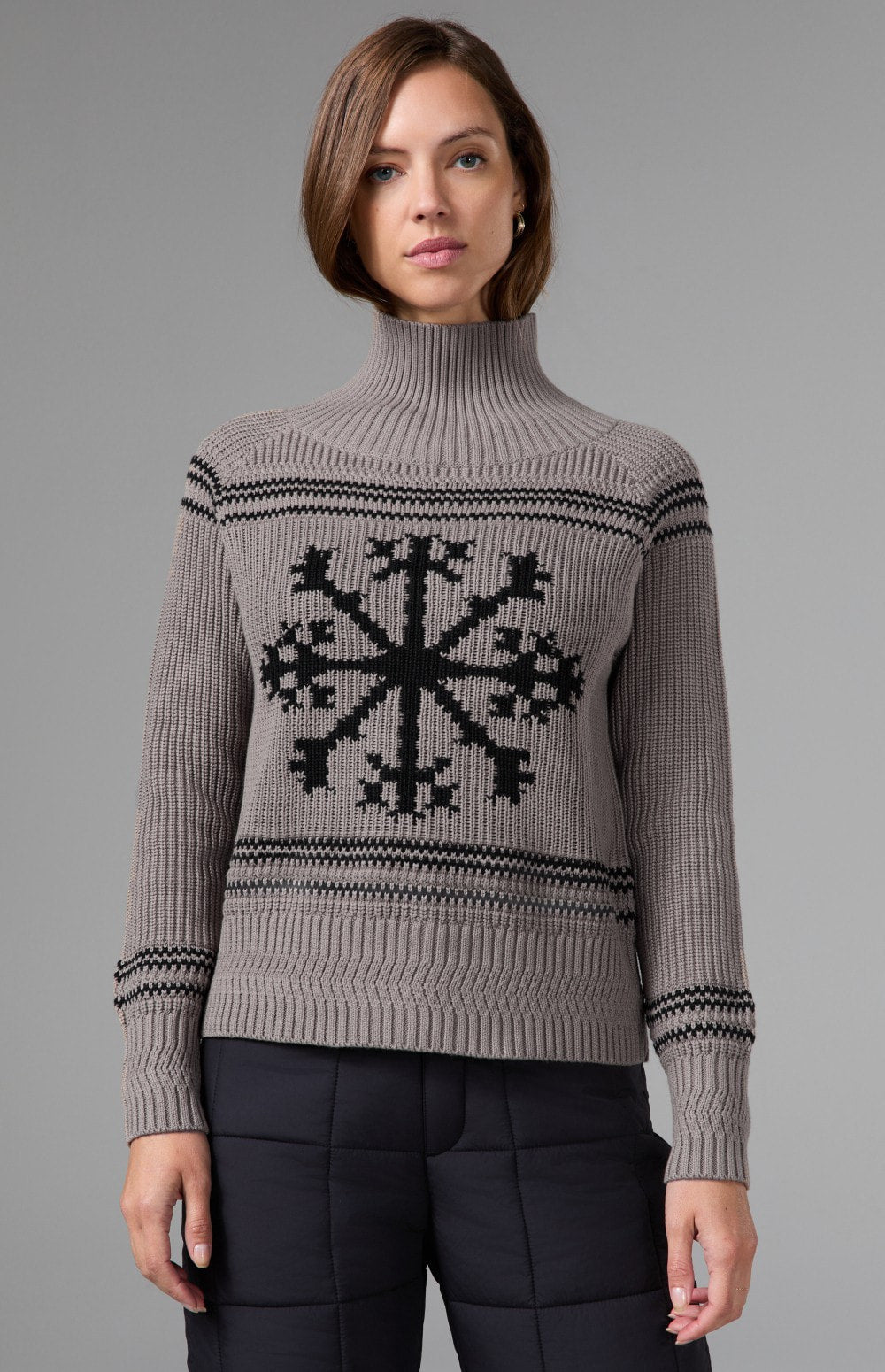 Alp N Rock Alora Sweater, taupe ski sweater for women with mock neck and snowflake pattern on the front