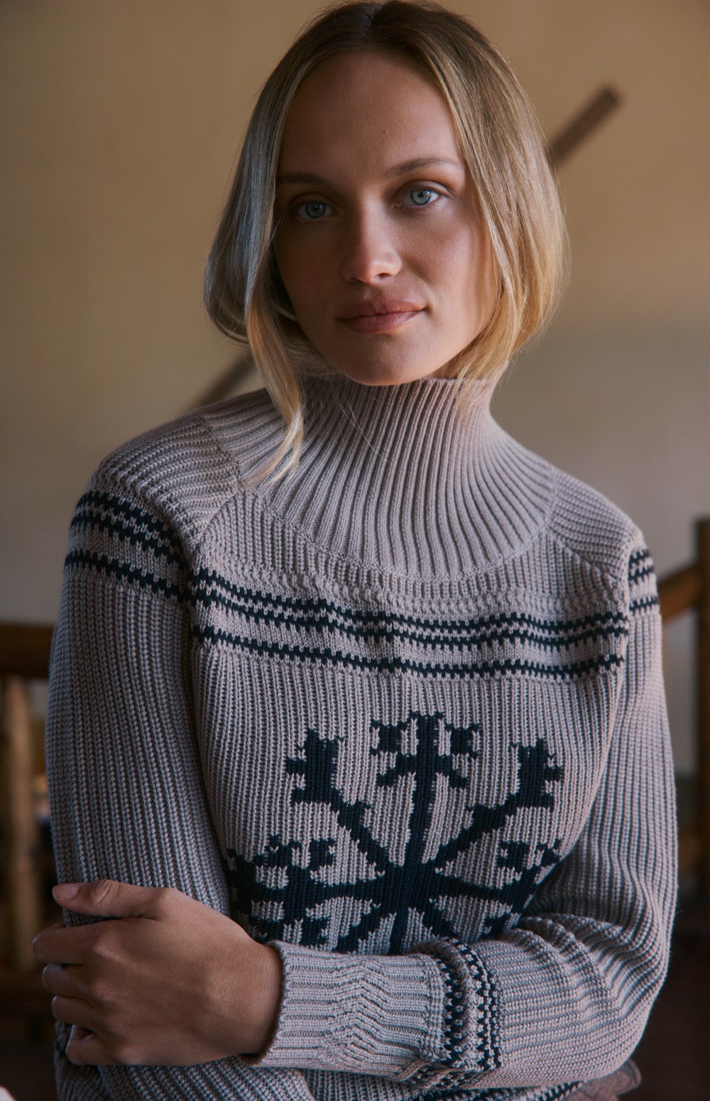 Alp N Rock Alora Sweater, taupe ski sweater for women with mock neck and snowflake pattern on the front
