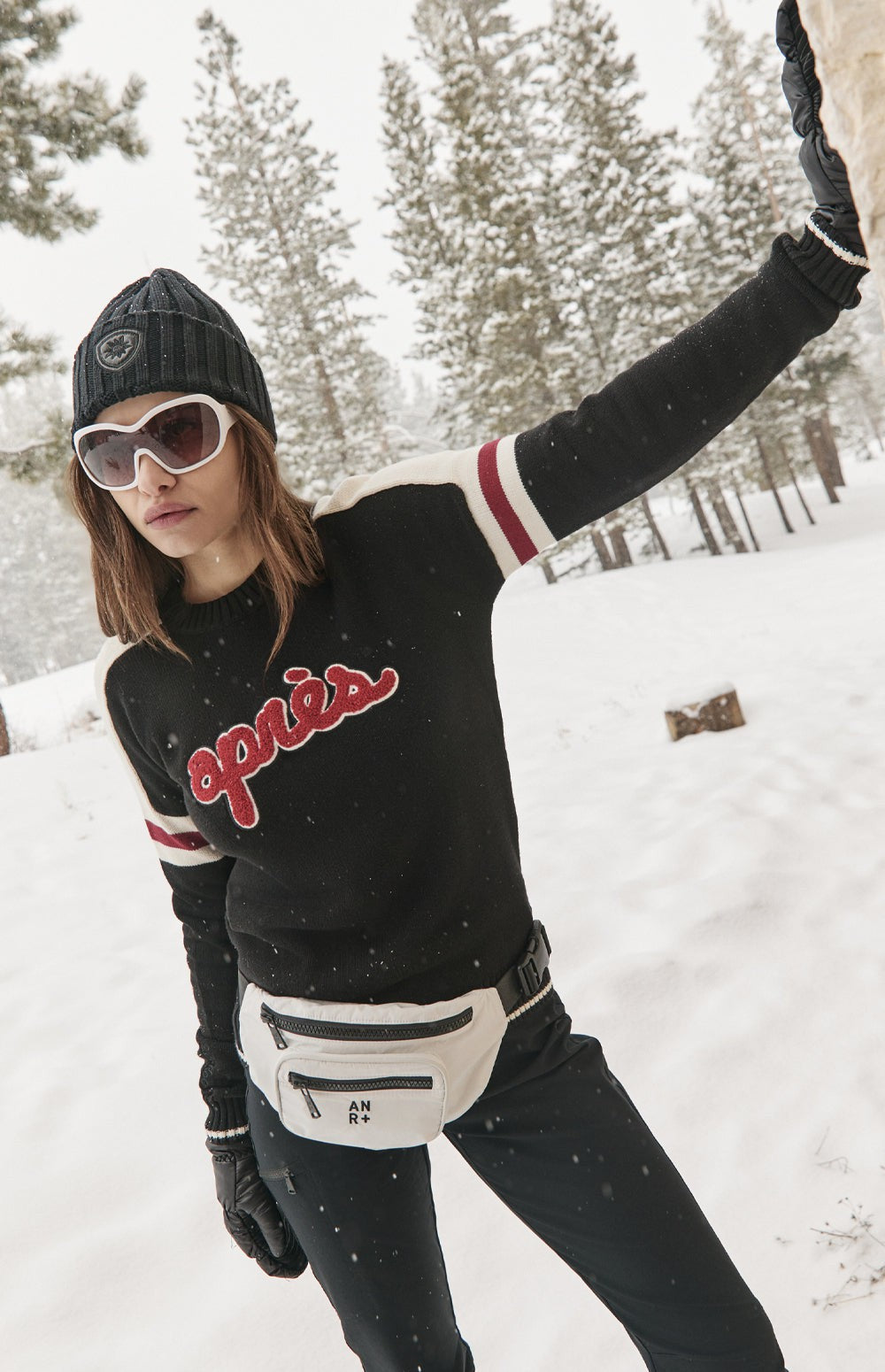 Alp n Rock Apres Ski Sweater, black ski sweater for women with red and white apres lettering