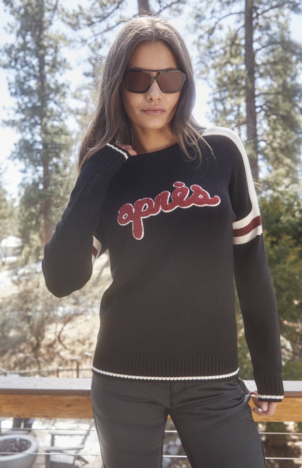 Apres Ski Sweater by Alp N Rock, Women's Black Apres Ski Sweater with Red Apres Lettering on Chest