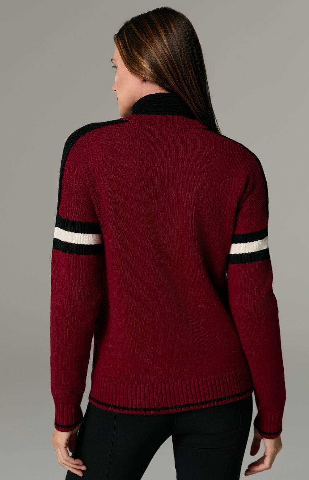 Apre Ski Sweater by Alp N Rock, Women's Red Ski Sweater with Apres Lettering on Front and Black and White Stripe Accents