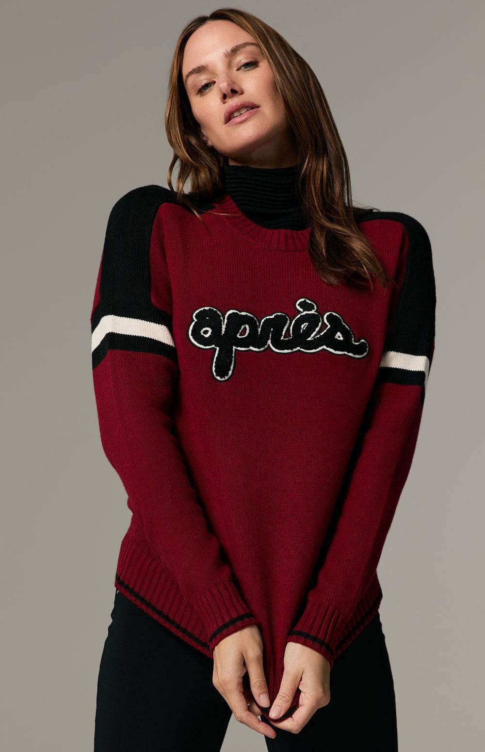 Apre Ski Sweater by Alp N Rock, Women's Red Ski Sweater with Apres Lettering on Front and Black and White Stripe Accents