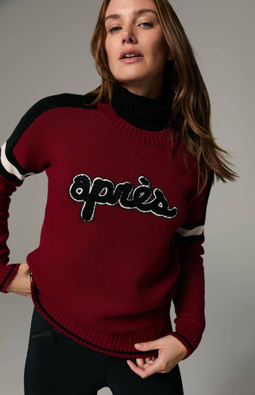 Apre Ski Sweater by Alp N Rock, Women's Red Ski Sweater with Apres Lettering on Front and Black and White Stripe Accents