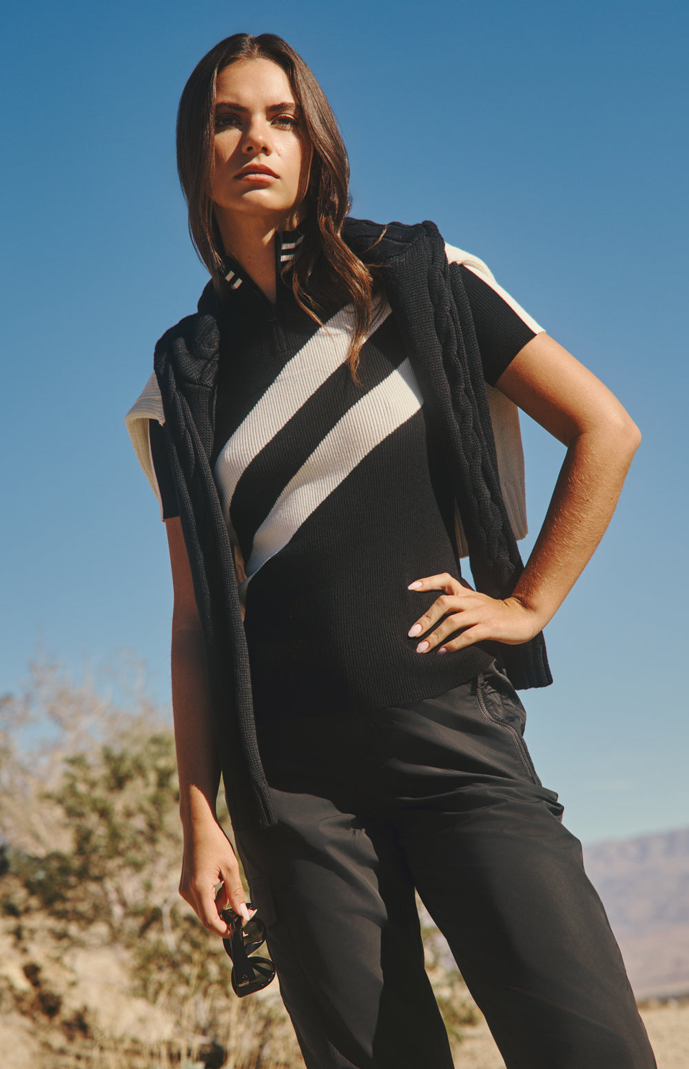 Alp N Rock Audra Sweater, black and white short sleeve stripe ribbed top for women with half zip