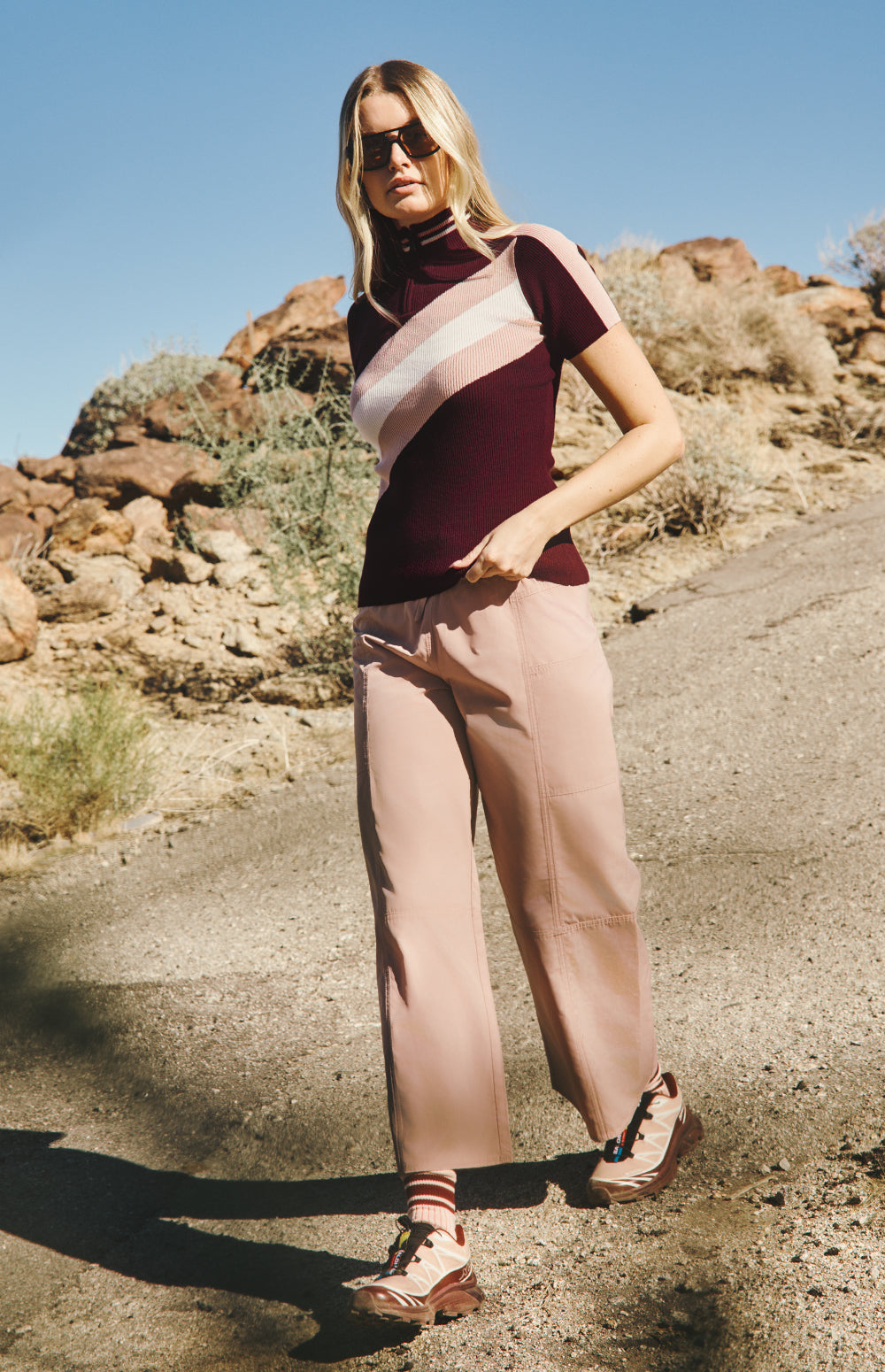 Alp N Rock Audra Sweater, dark cherry and pink short sleeve stripe ribbed top for women with half zip