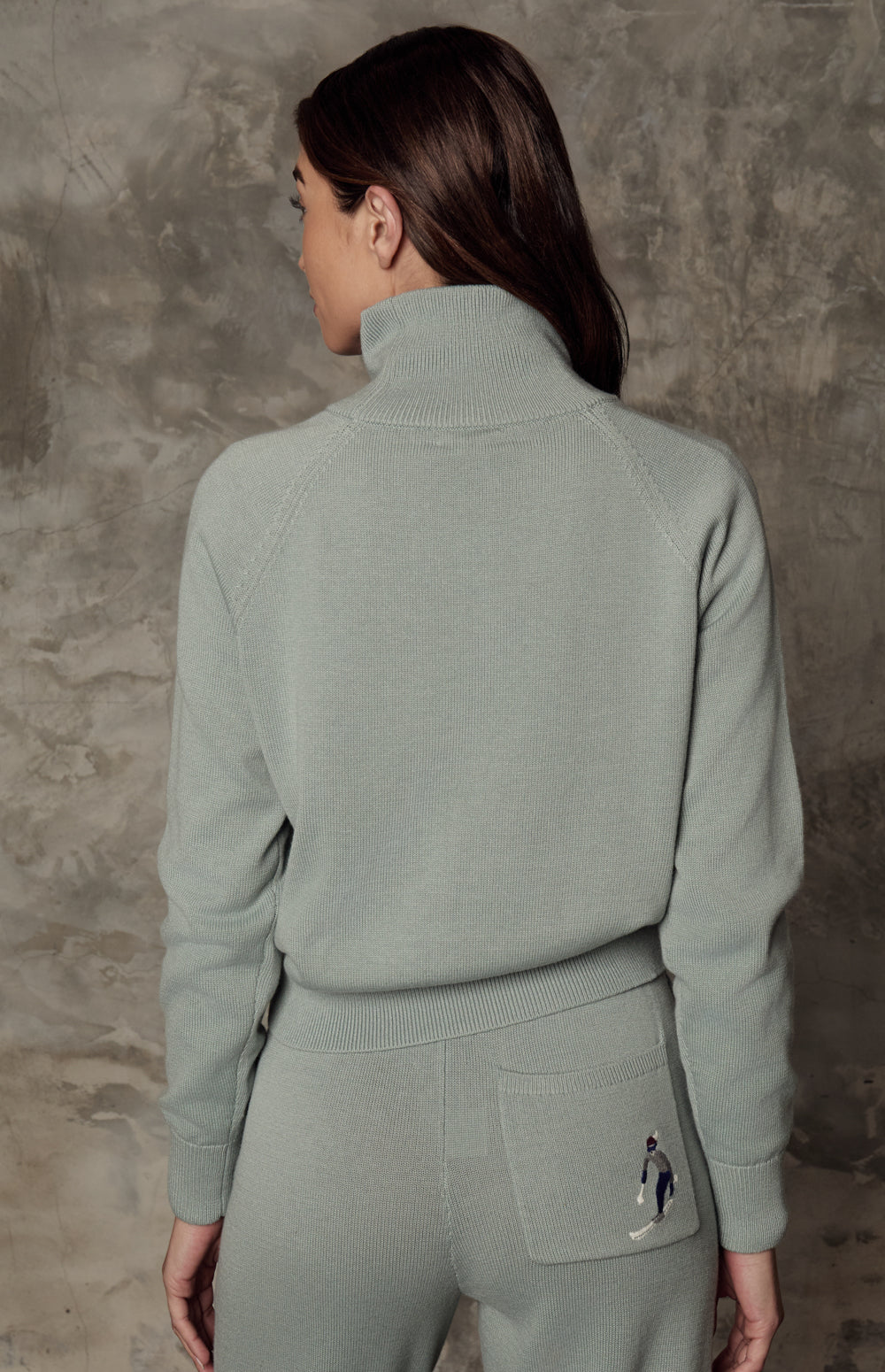 Alp N Rock Belle Ski Sweater, light blue turtleneck sweater for women with embroidered skiers all over