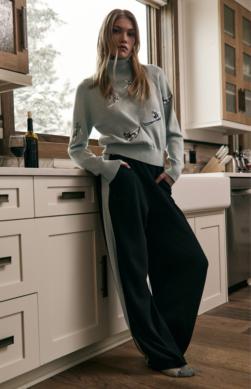 Alp N Rock Belle Ski Sweater, light blue turtleneck sweater for women with embroidered skiers all over