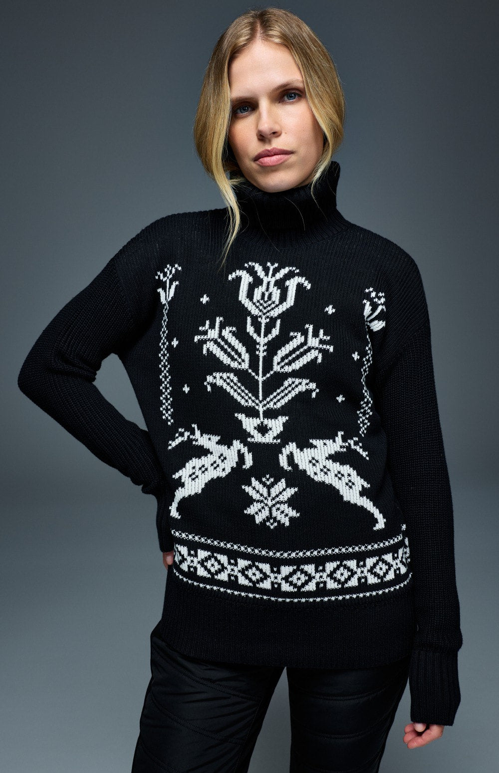 Alp N Rock  Brigitta Turtleneck Sweater, women's black red relaxed turtleneck sweater with embroidered details