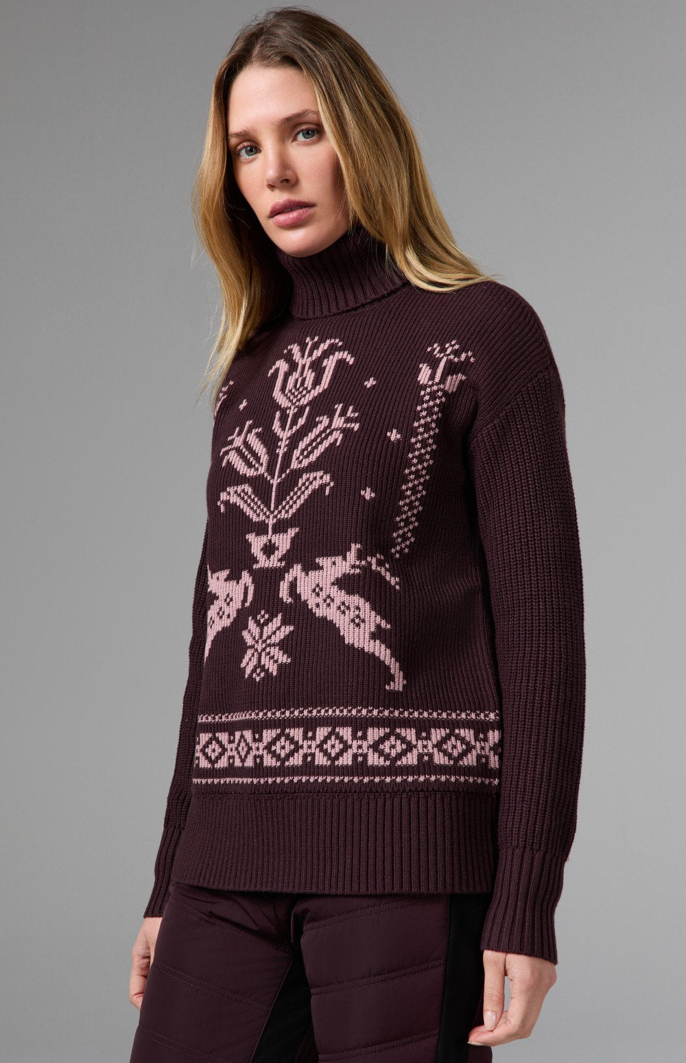 Alp N Rock Brigitta Turtleneck Sweater, women's dark red relaxed turtleneck sweater with embroidered details