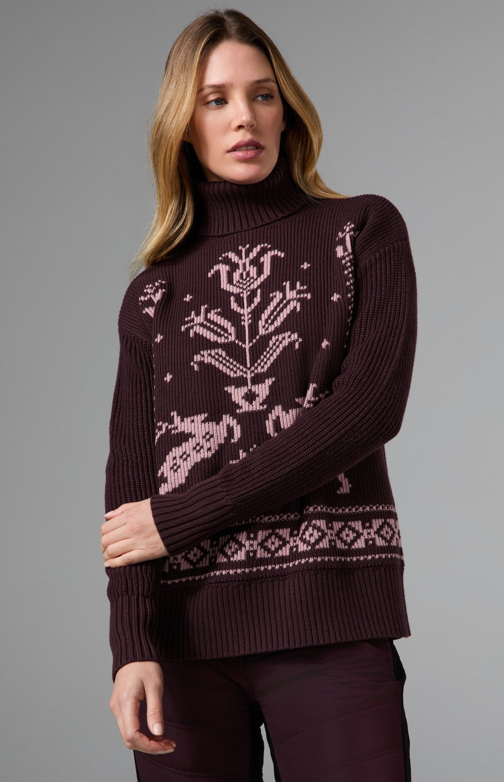 Alp N Rock Brigitta Turtleneck Sweater, women's dark red relaxed turtleneck sweater with embroidered details
