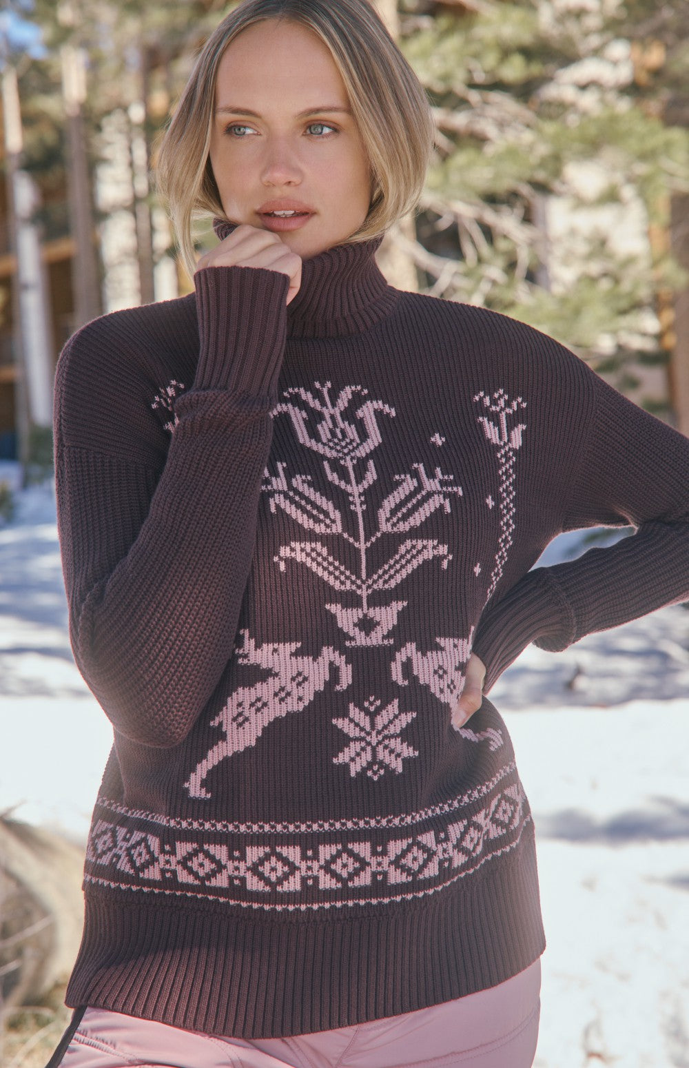 Alp N Rock Brigitta Turtleneck Sweater, women's dark red relaxed turtleneck sweater with embroidered details