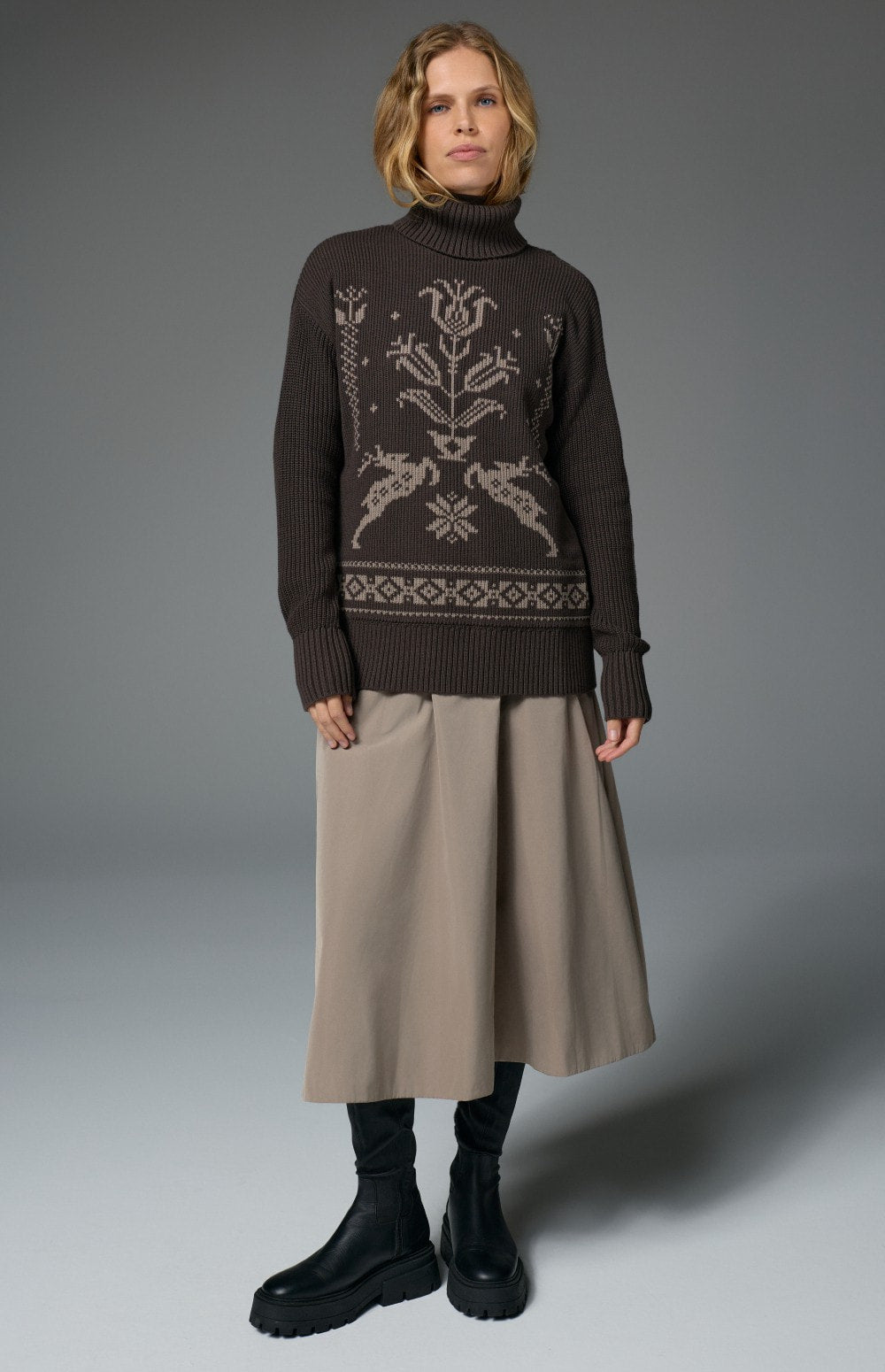 Alp N Rock Brigitta Turtleneck Sweater, women's dark brown relaxed turtleneck sweater with embroidered details