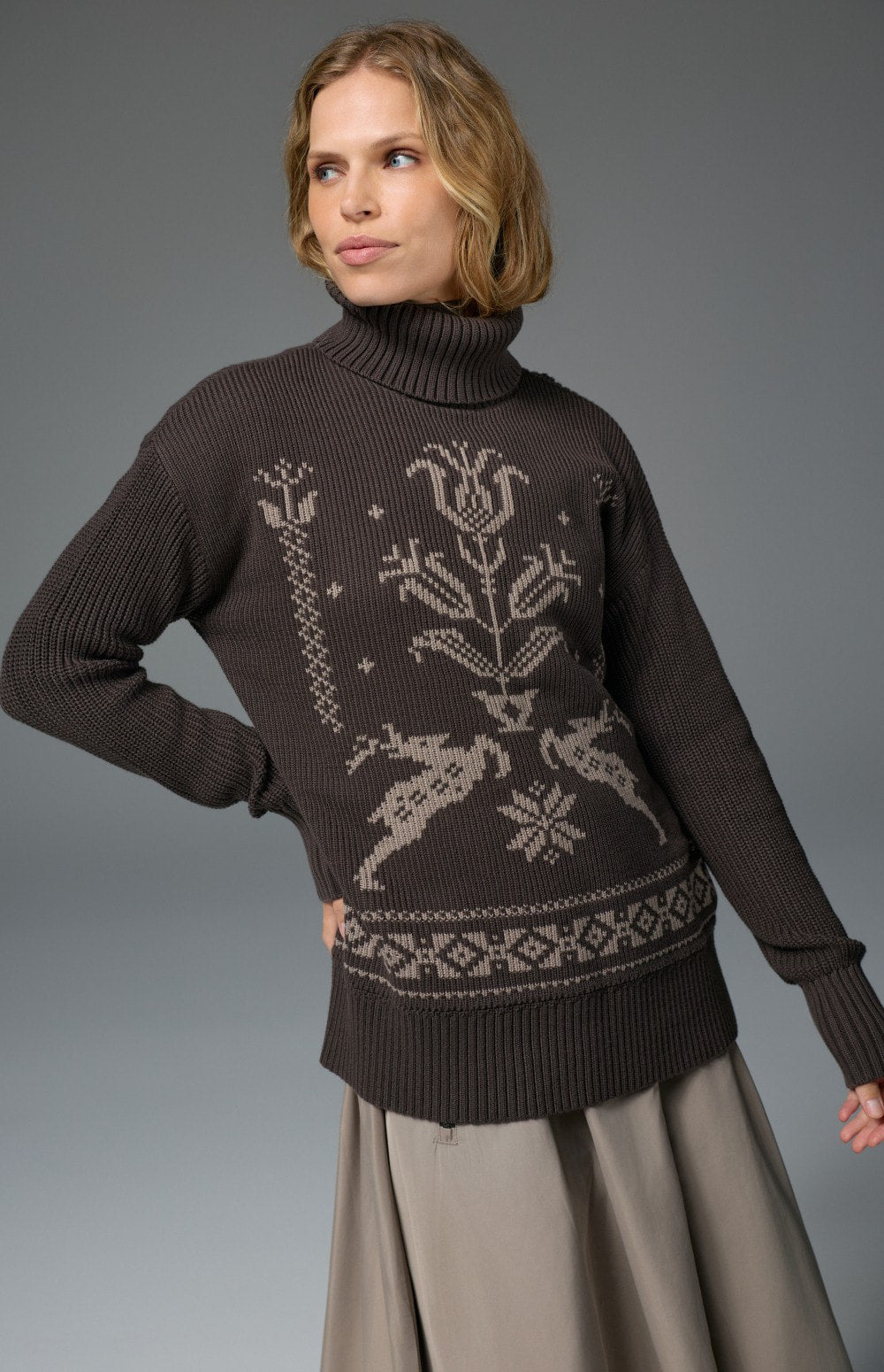 Alp N Rock Brigitta Turtleneck Sweater, women's dark brown relaxed turtleneck sweater with embroidered details