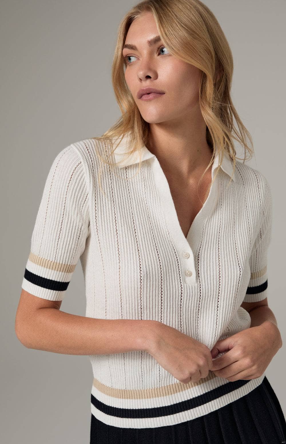 Alp N Rock Ciri Stripe Polo Sweater, Women's White Short Sleeve Polo Sweater with Beige and Black Stripes at the Sleeves and Hem