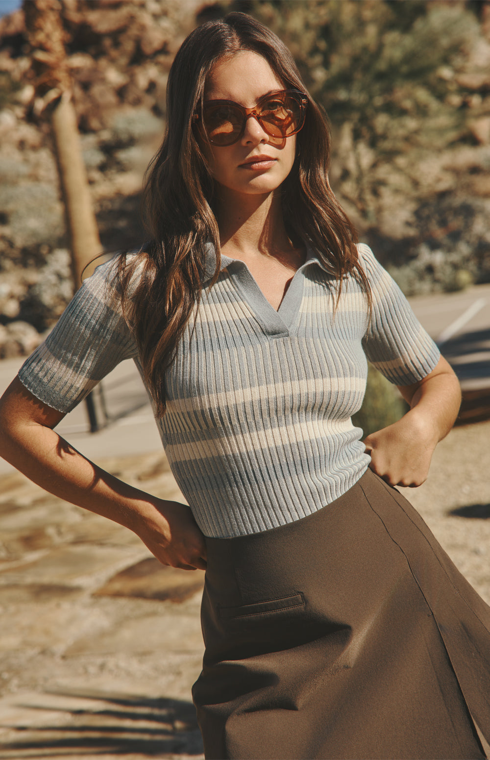 Alp N Rock Claudia Sweater, blue short sleeve striped knit polo sweater for women