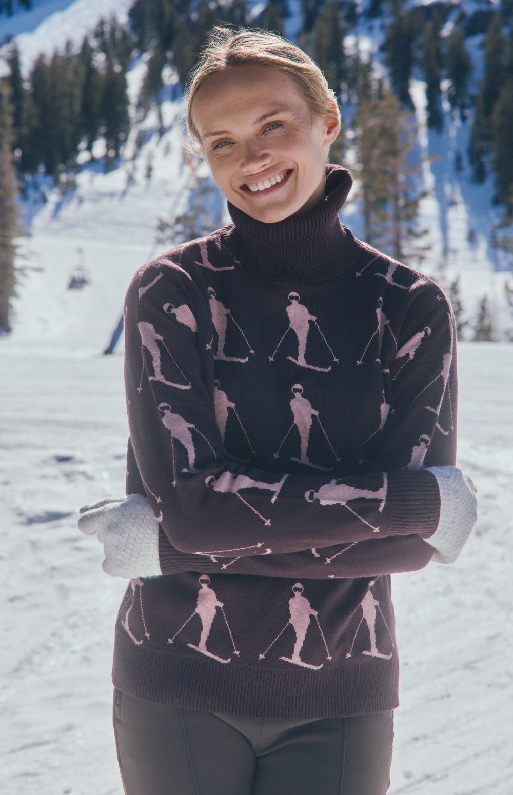 Alp N Rock Dani Vintage Ski Sweater, dark cherry turtleneck ski sweater for women with white skiers all over