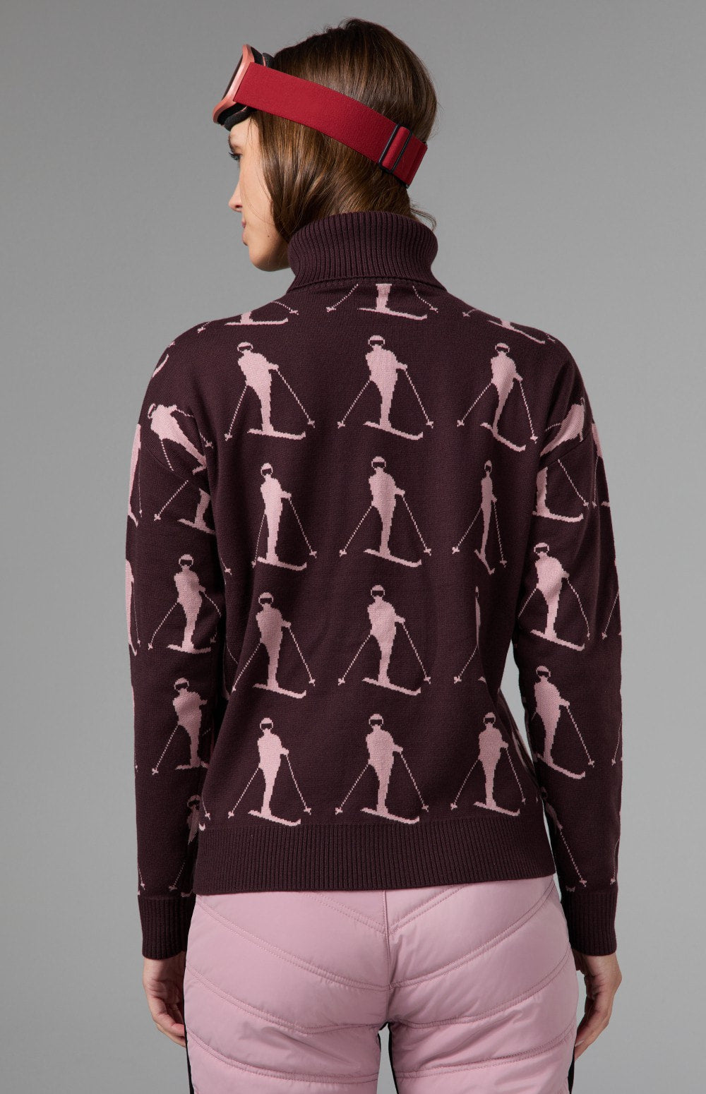 Alp N Rock Dani Vintage Ski Sweater, dark cherry turtleneck ski sweater for women with white skiers all over