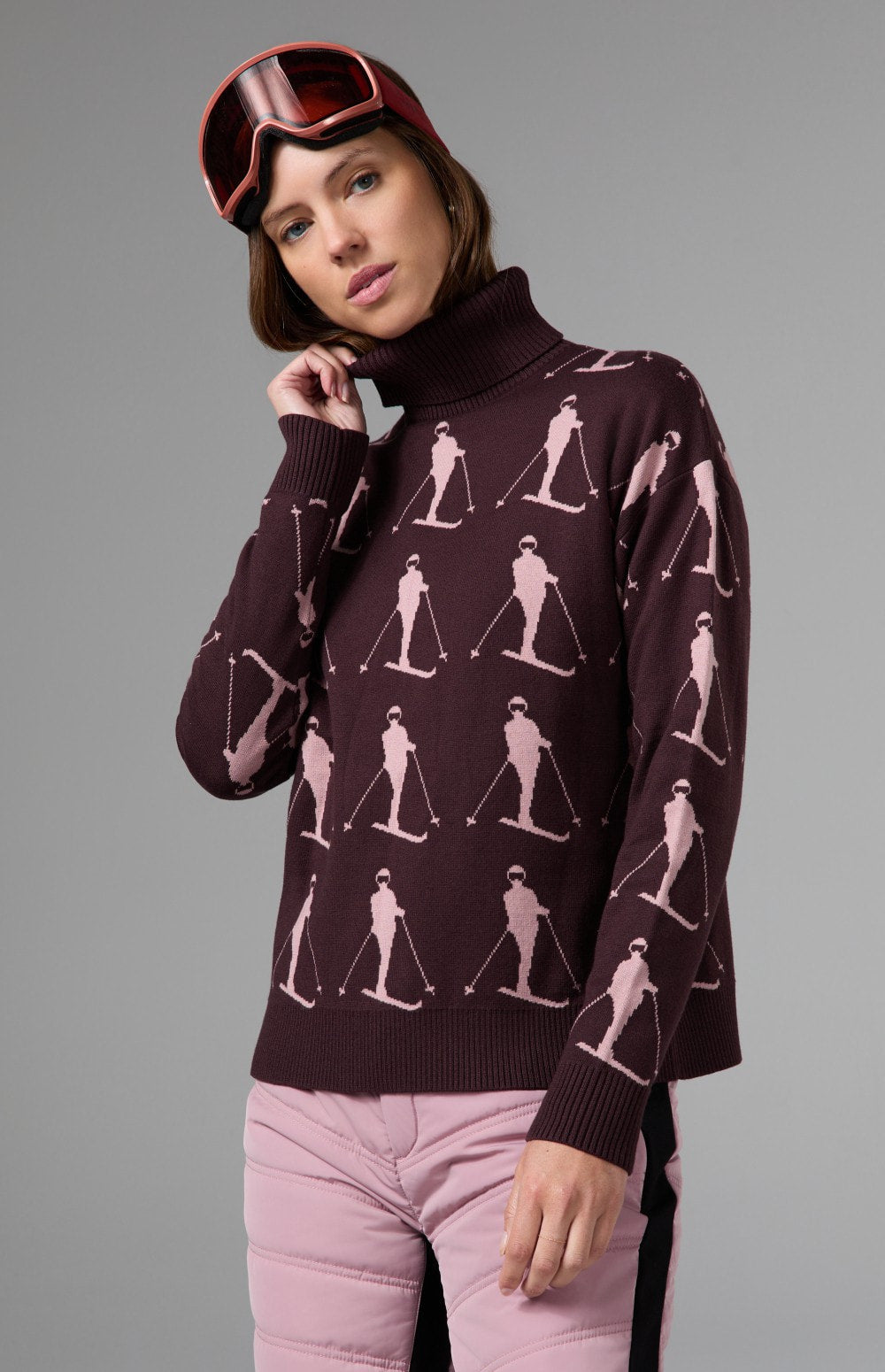 Alp N Rock Dani Vintage Ski Sweater, dark cherry turtleneck ski sweater for women with white skiers all over