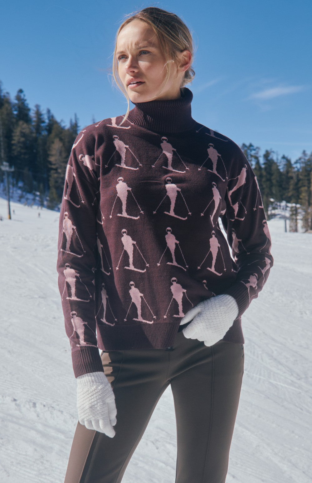 Alp N Rock Dani Vintage Ski Sweater, dark cherry turtleneck ski sweater for women with white skiers all over