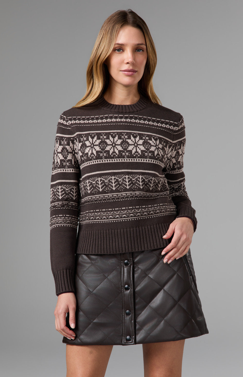 Alp N Rock Danika Fair Isle Sweater, dark brown crew neck sweater for women