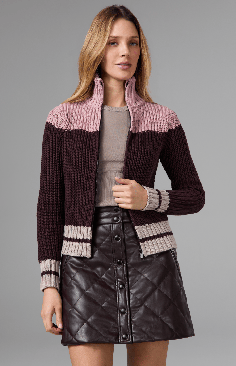 Alp N Rock Daphne Zip Stripe Cardigan, dark red striped zip cardigan for women