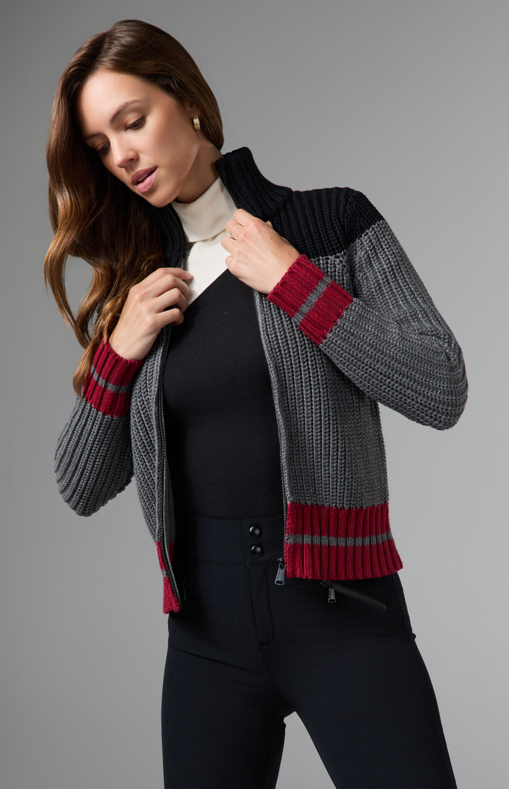 Alp N Rock Daphne Zip Stripe Cardigan, heather grey striped zip cardigan for women