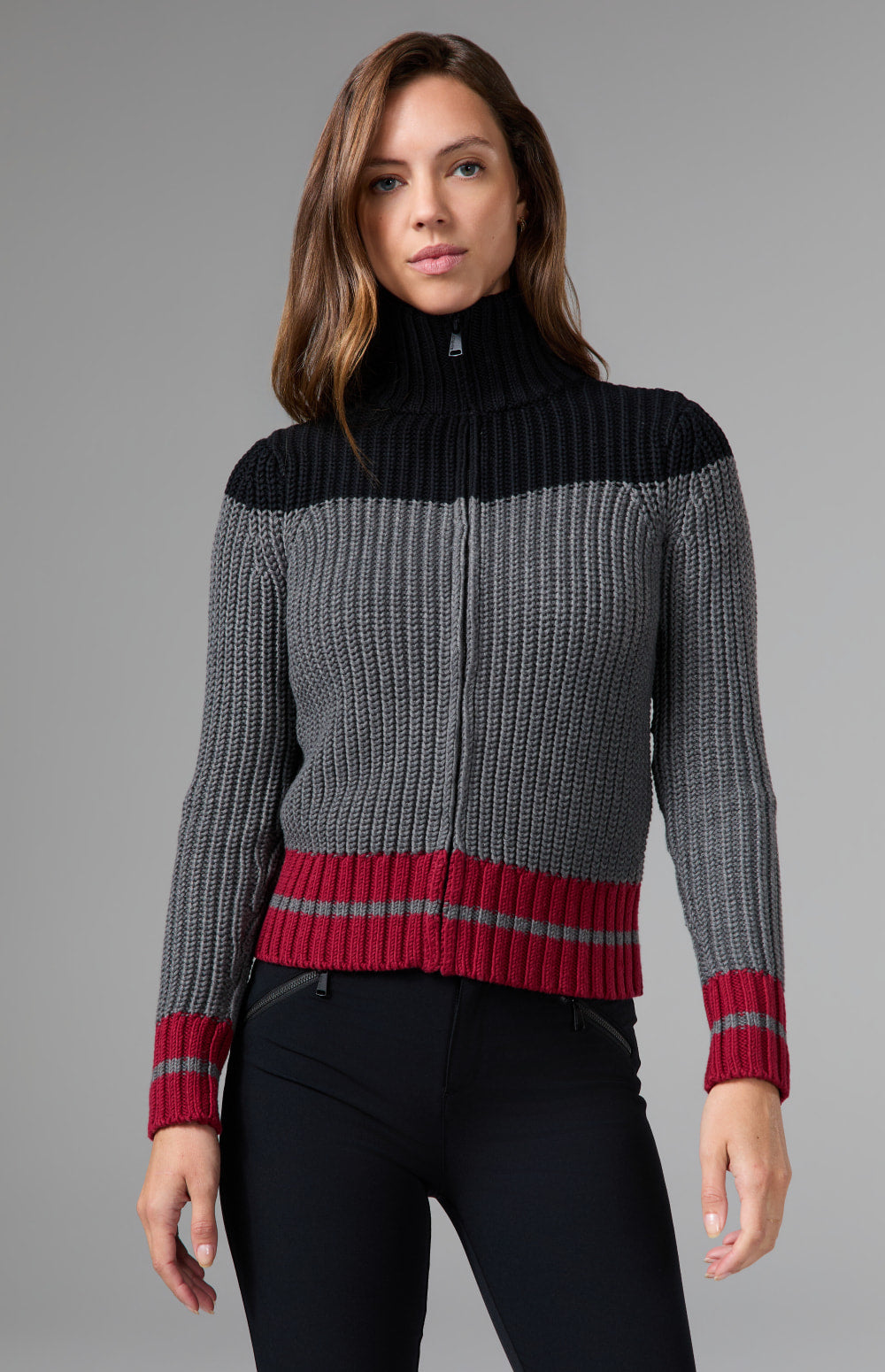 Alp N Rock Daphne Zip Stripe Cardigan, heather grey striped zip cardigan for women