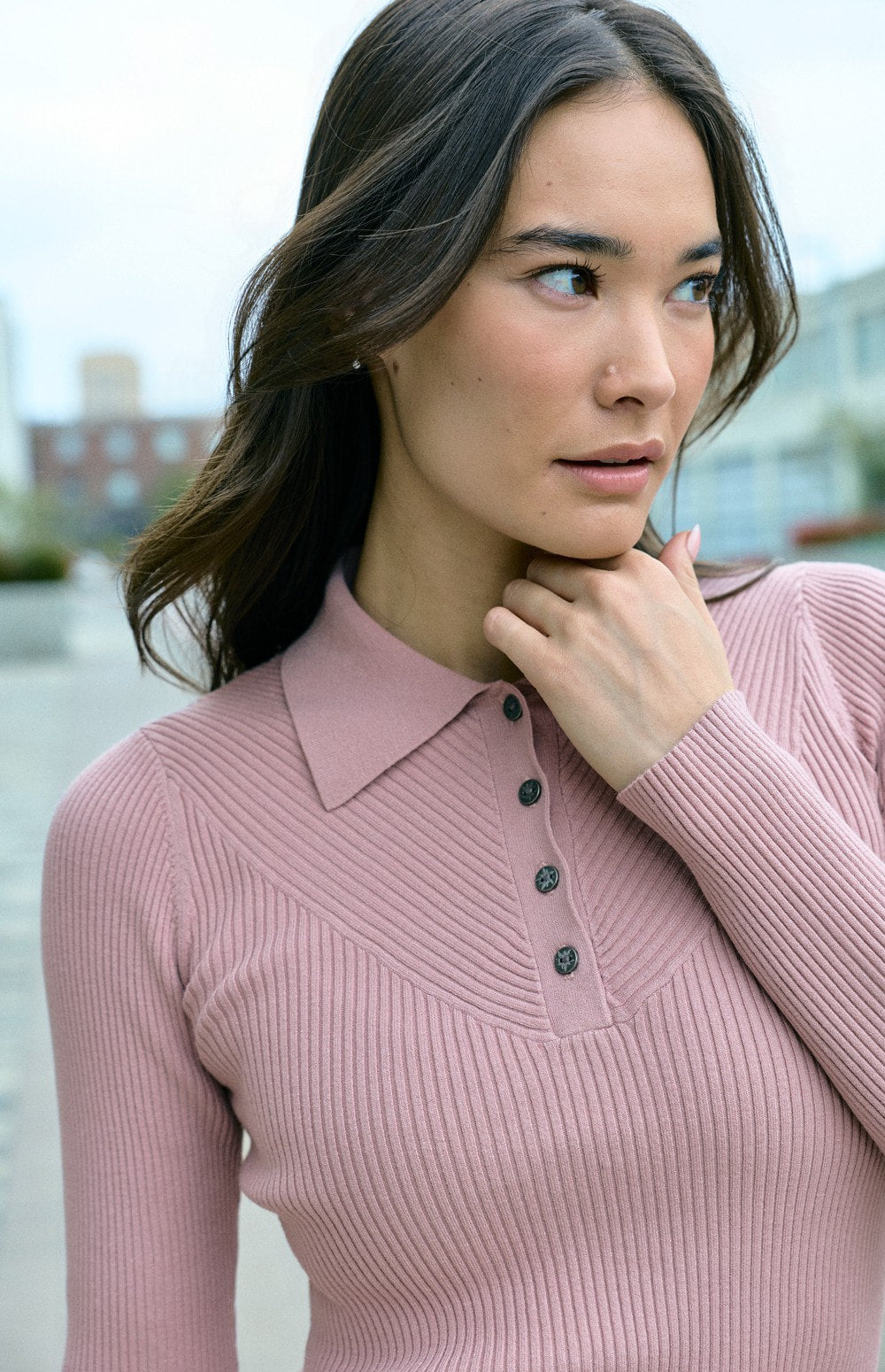 Alp N Rock Eliza Ribbed Polo Sweater, light pink ribbed fitted polo sweater for women