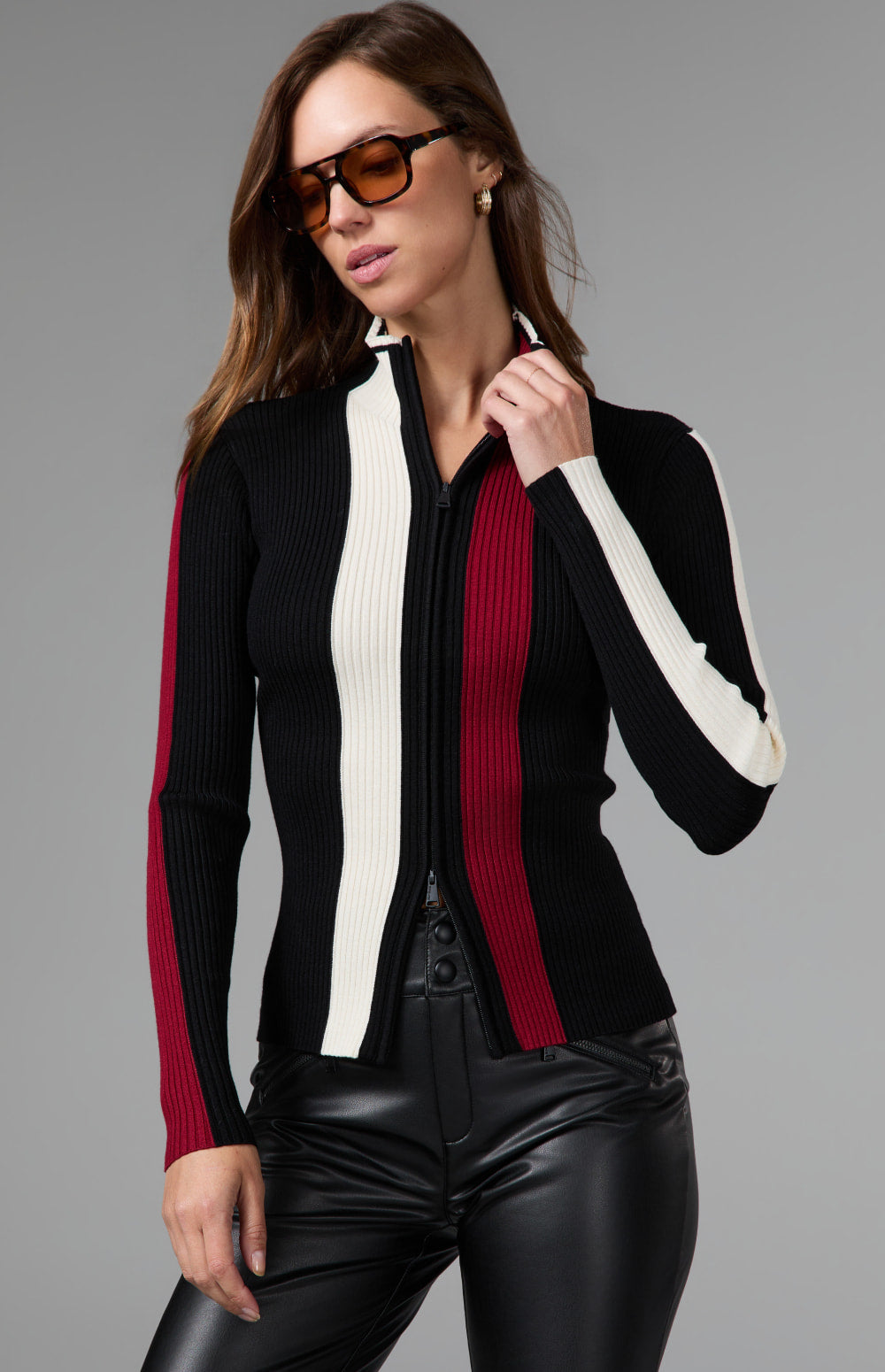 Alp N Rock Emily Ribbed Zip Sweater, black full zip fitted sweater for women