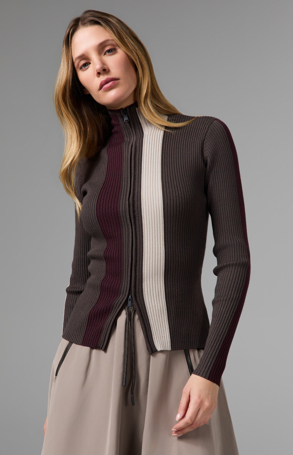Alp N Rock Emily Ribbed Zip Sweater, dark brown full zip fitted sweater for women