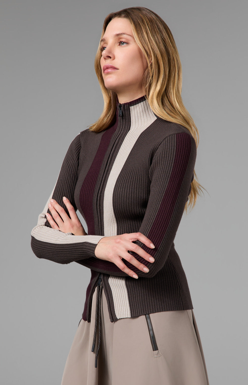 Alp N Rock Emily Ribbed Zip Sweater, dark brown full zip fitted sweater for women