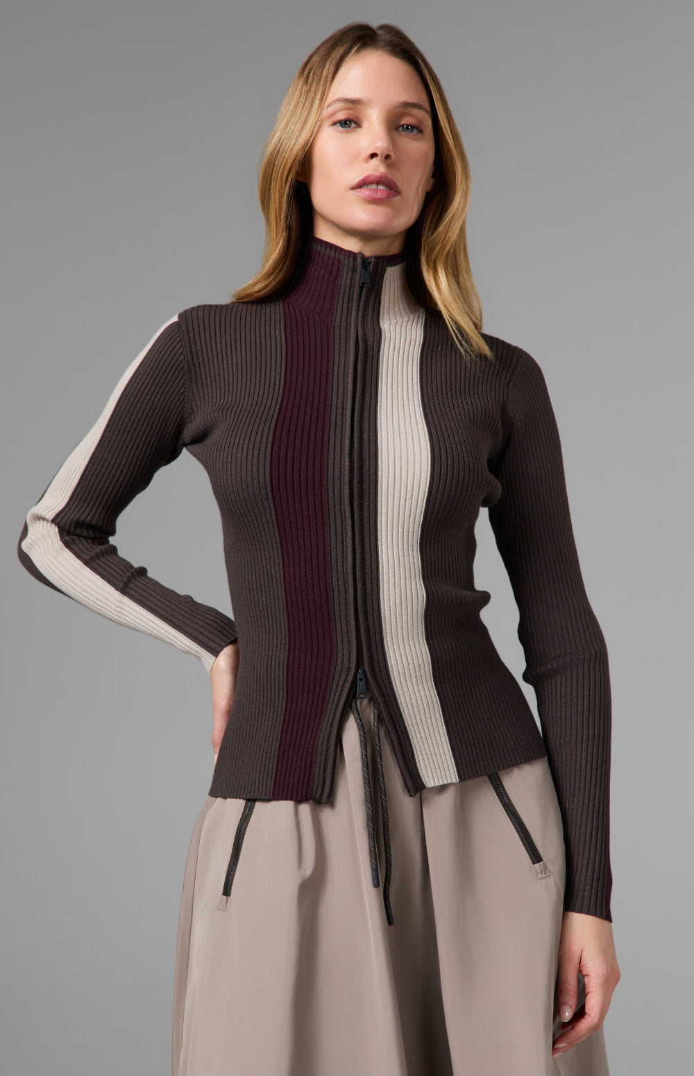 Alp N Rock Emily Ribbed Zip Sweater, dark brown full zip fitted sweater for women