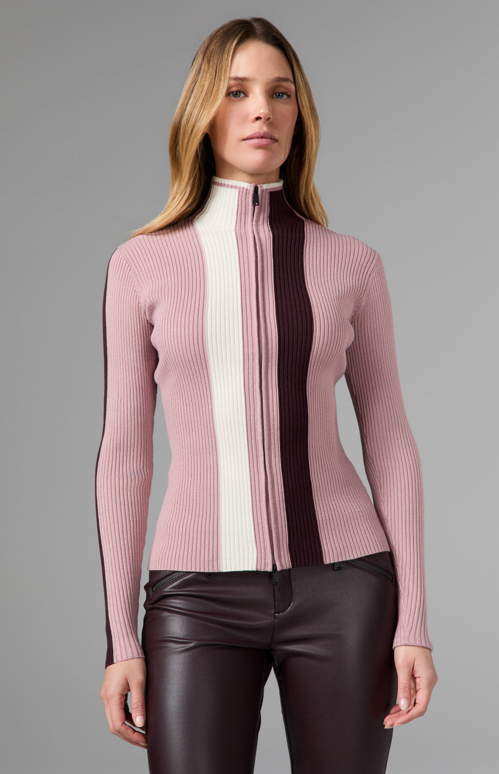 Alp N Rock Emily Ribbed Zip Sweater, smokey pink full zip fitted sweater for women