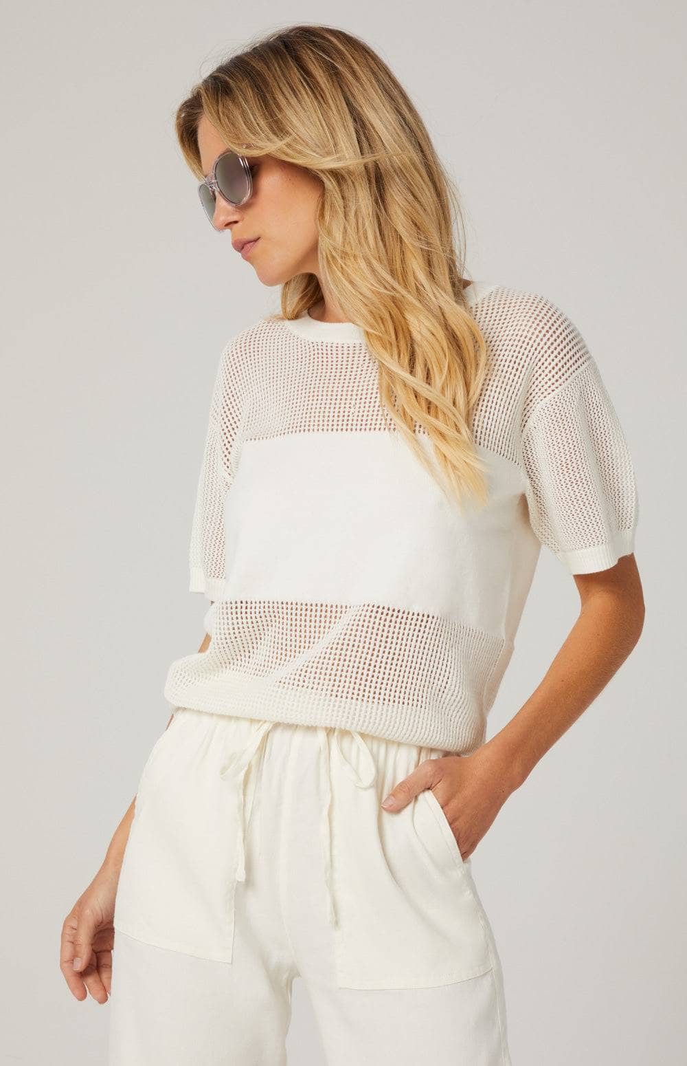 Alp N Rock Emma Top, Women's Off White Short Sleeve Open Knit Sweater