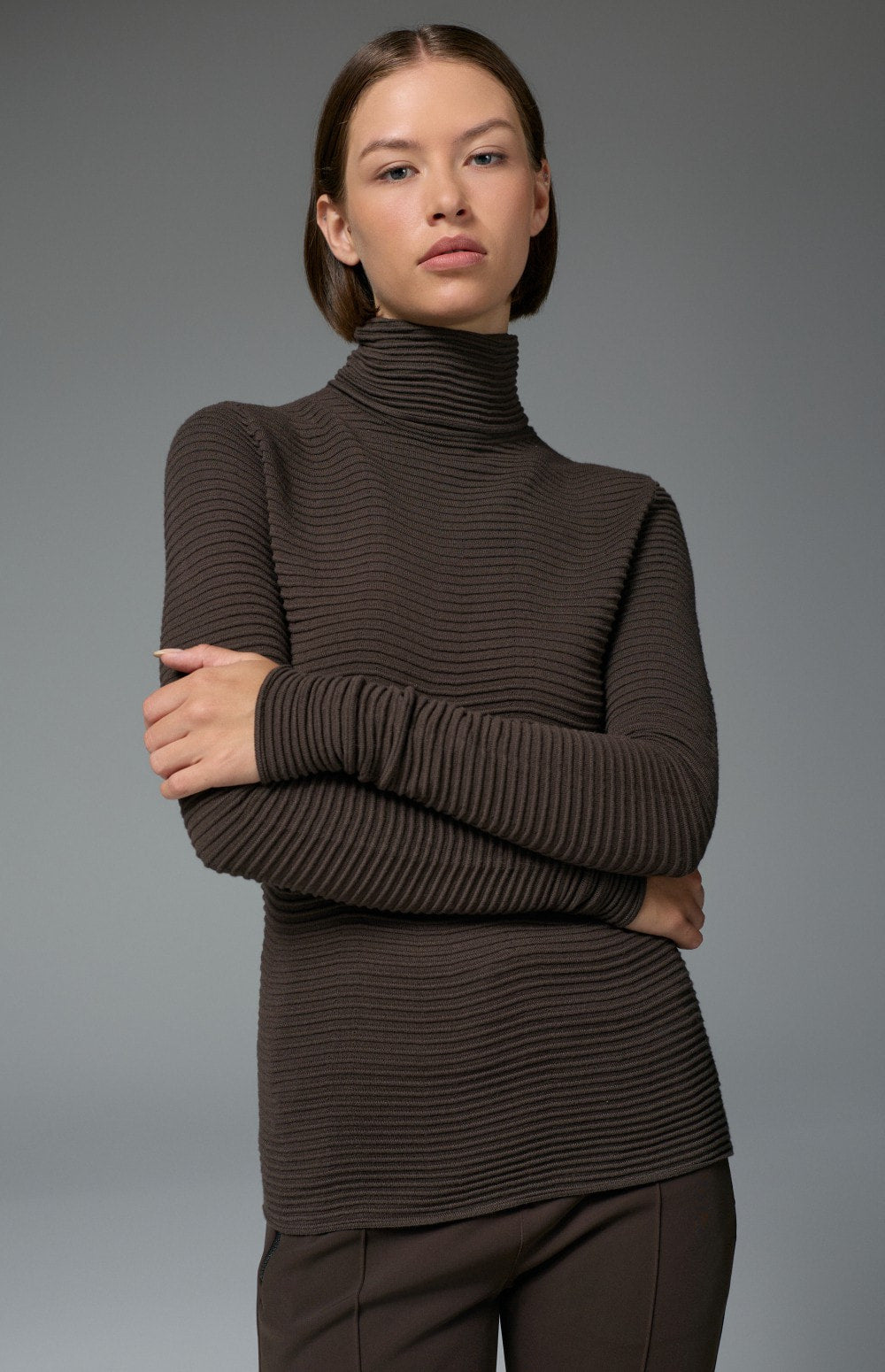 Enya Turtleneck Sweater by Alp N Rock, women's ribbed dark brown turtleneck