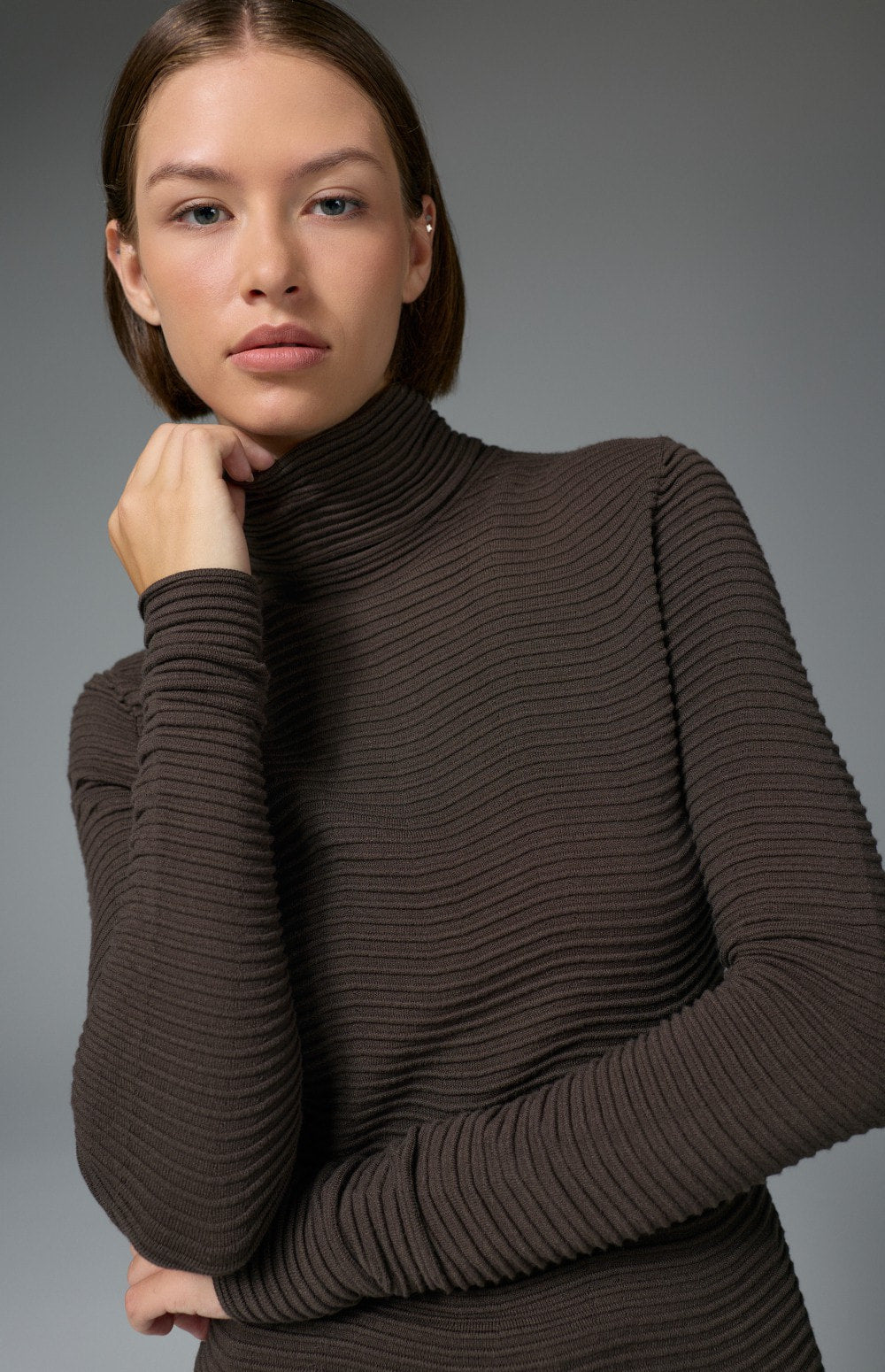 Enya Turtleneck Sweater by Alp N Rock, women's ribbed dark brown turtleneck