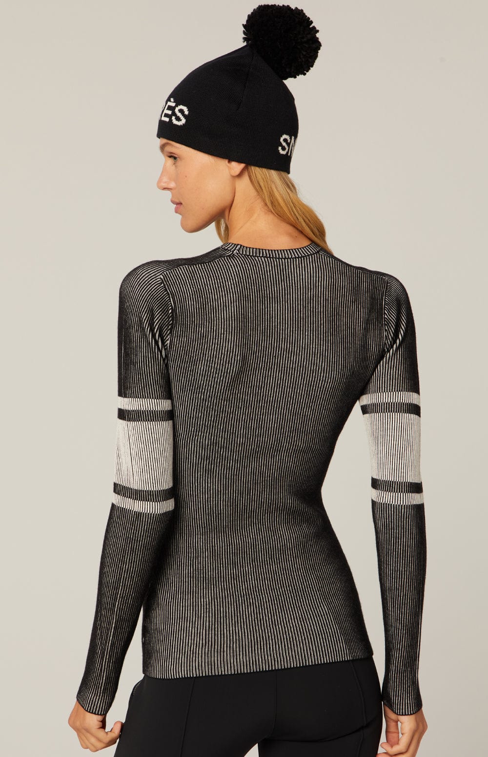 Faye Crew Neck Sweater by Alp N Rock, Black and White Women's Striped Ski Sweater With Ski Lettering On Chest