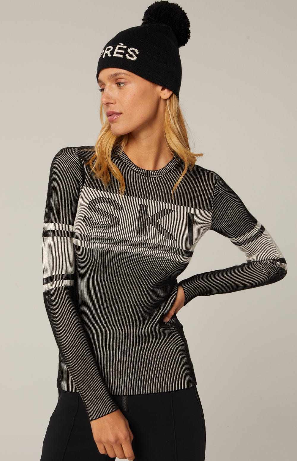 Faye Crew Neck Sweater by Alp N Rock, Black and White Women's Striped Ski Sweater With Ski Lettering On Chest